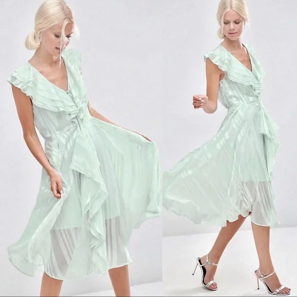 ASOS Ruffle Zip Front Sheer Midi Dress in Mint Green